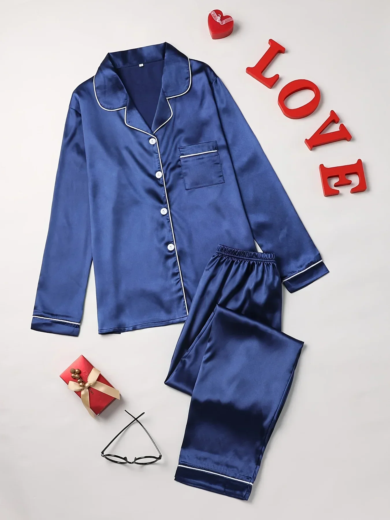 Solid Pajama Set Long Sleeve Button Up Lapel Top & Pants Set  Women's Sleepwear & Loungewear silk pajamas for women