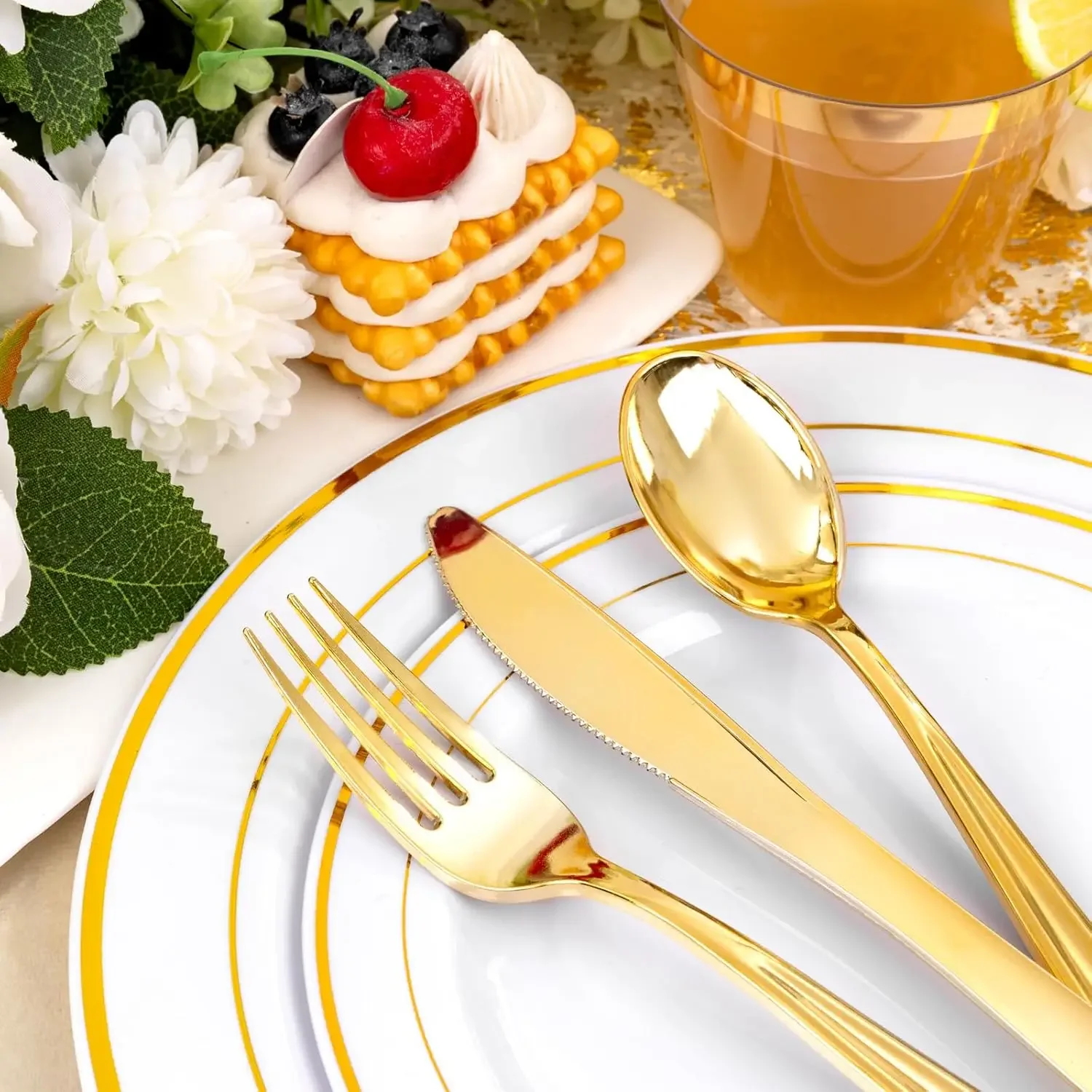 350PCS Gold Plastic Dinnerware Set-Gold Plastic Plates Disposable for 50 Guests Include 50 Dinner Plates,50 Dessert Plates