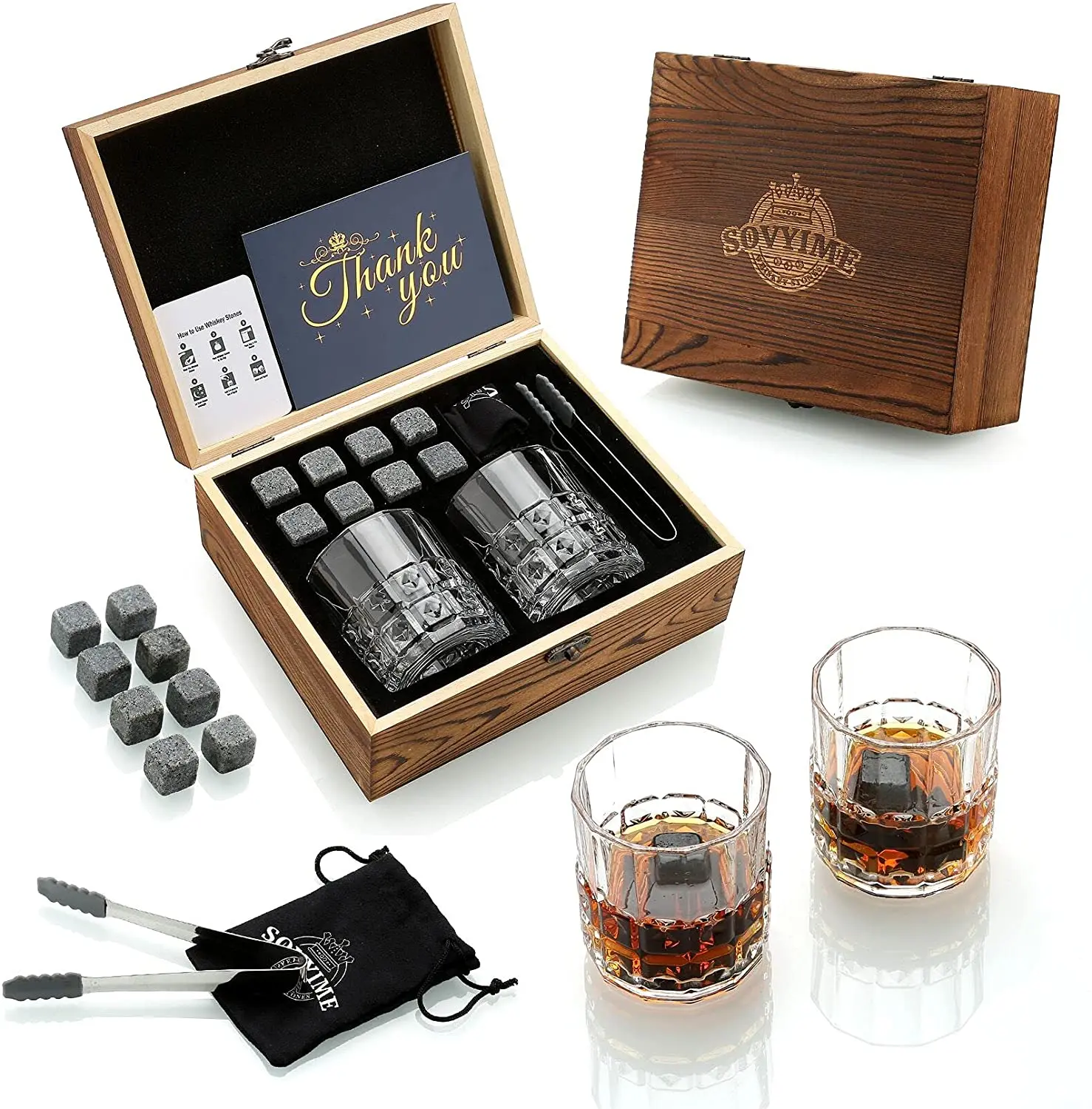 Luxury Whiskey Glass Set of 2, Gift Set in Wooden Box, Includes 9 Whiskey Ice Stones, Velvet Bag and Stainless Steel Tongs. Great Gift for Men, Dad