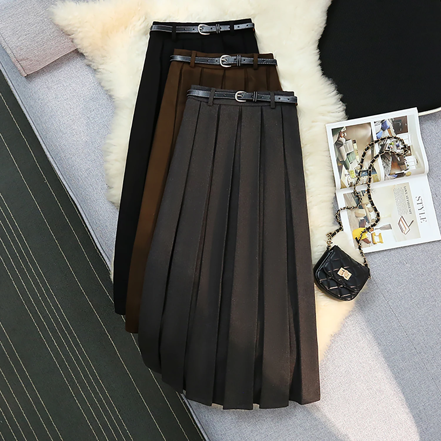 

Preppy Style Long Skirts for Women A-line High Waist Female Pleated Skirts Korean Fashion Elegant Belted Midi Skirt Dropshipping