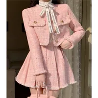 High Quality Tassel Design 2-Piece Sets Women Tweed Autumn New Solid Outfits Long Sleeve Short Jacket Coat + Pleated Skirt Suits 2