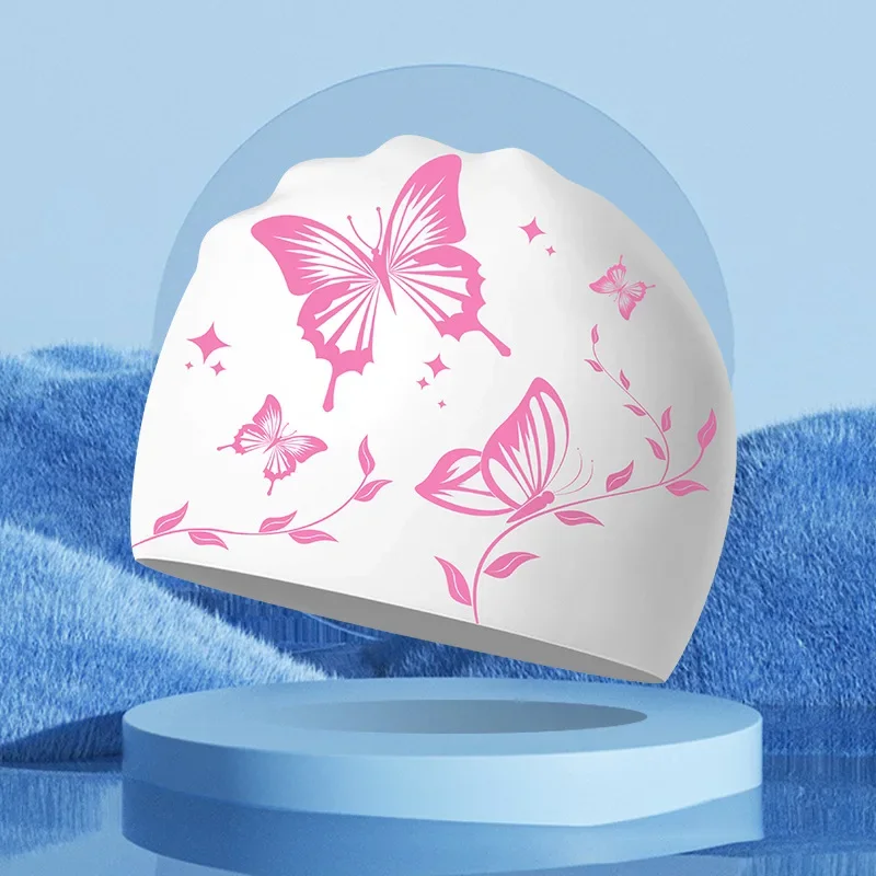 Waterproof Silicone Swim Caps for Women Men High Ealsitc Long Hair Ear Protection Swimming Cap Butterfly Printed Adult Swim Caps 4