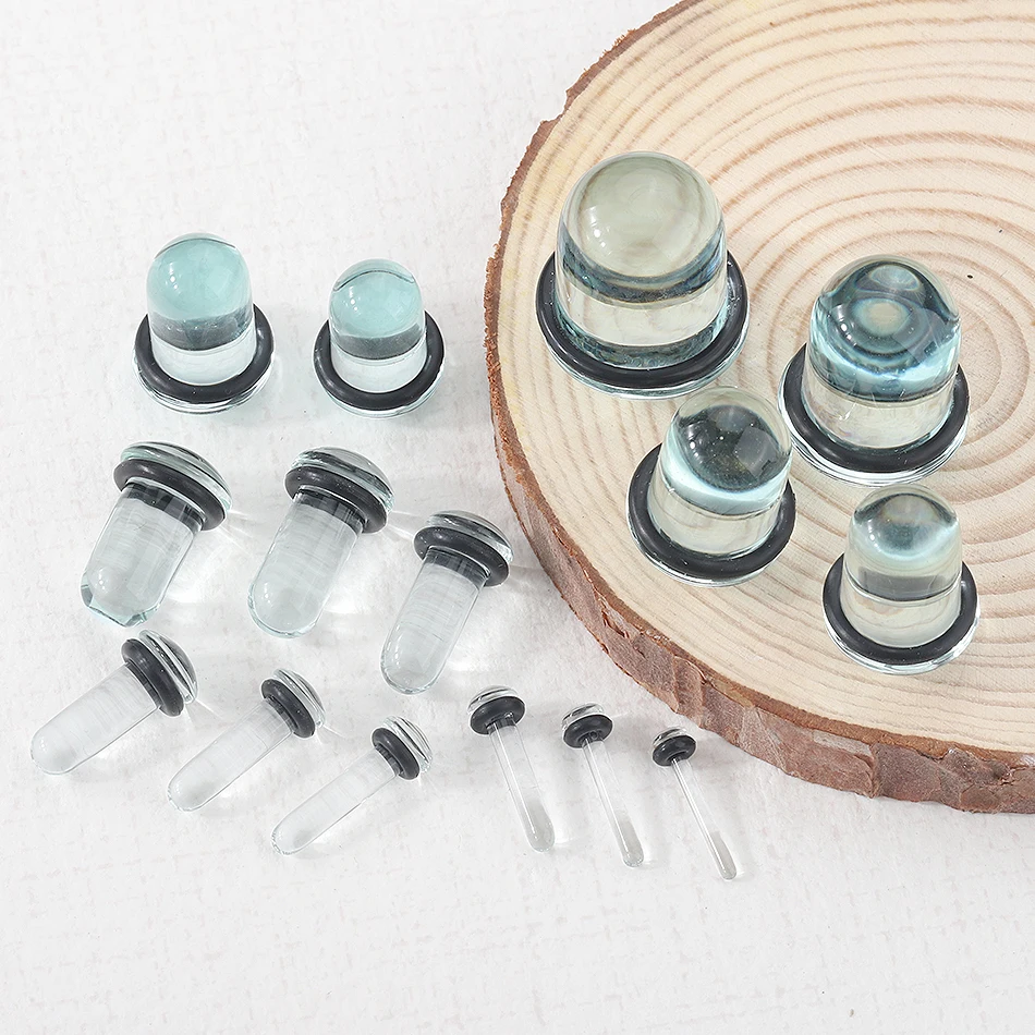 Body Jewelry 2pcs/lot Glass Ear Plug Taper Stercher Kit 1.6-16mm Ear Gauges with Rubber Rings Flare Flesh Expander Piercings