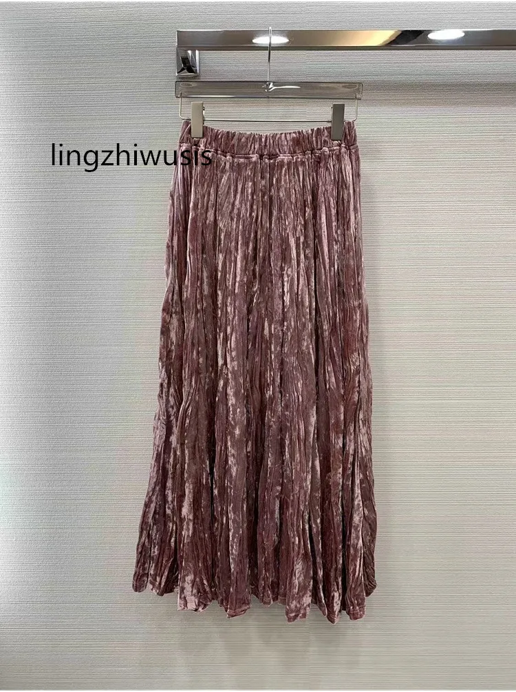 

Women Velet Long Skirt 2023 Fashion Designer Luxury Folds Elastic Waist Skirts Female New Arrive