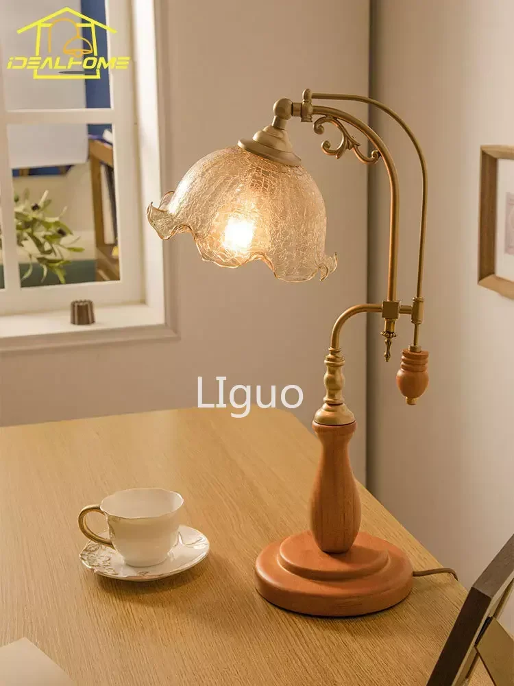 

French Design Classical Vintage Table Lamp LED E27 Wood Base Glass Desk Lights Home Decor Bedroom Bedside Coffee Table Study Bar