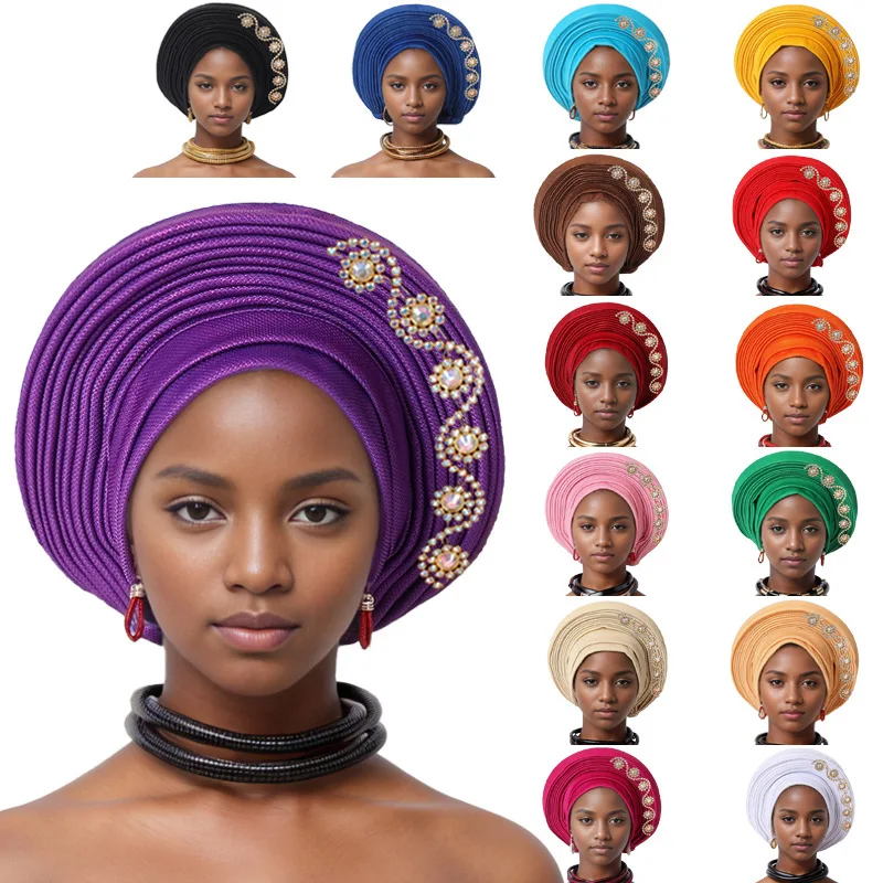 

Nigeria Headtie Wedding Party Head Ties Female Head Wraps Already Made Autogele NEW African Auto Gele Women's Turban Cap