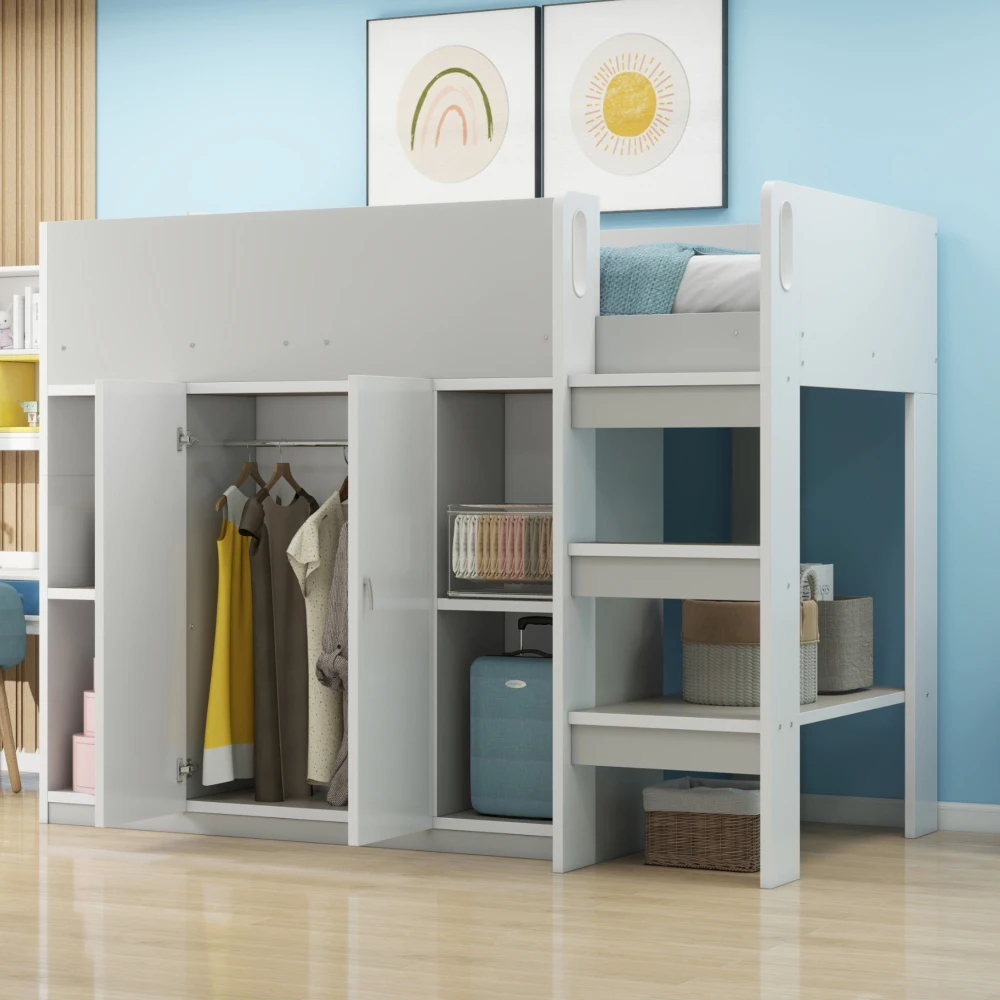 90*200cm Multifunktionales Hochbett mit Stauraum, Kleiderschrank und Regalen, Kinderbett mit Leiter und stabiler Konstruktion – Detail 27