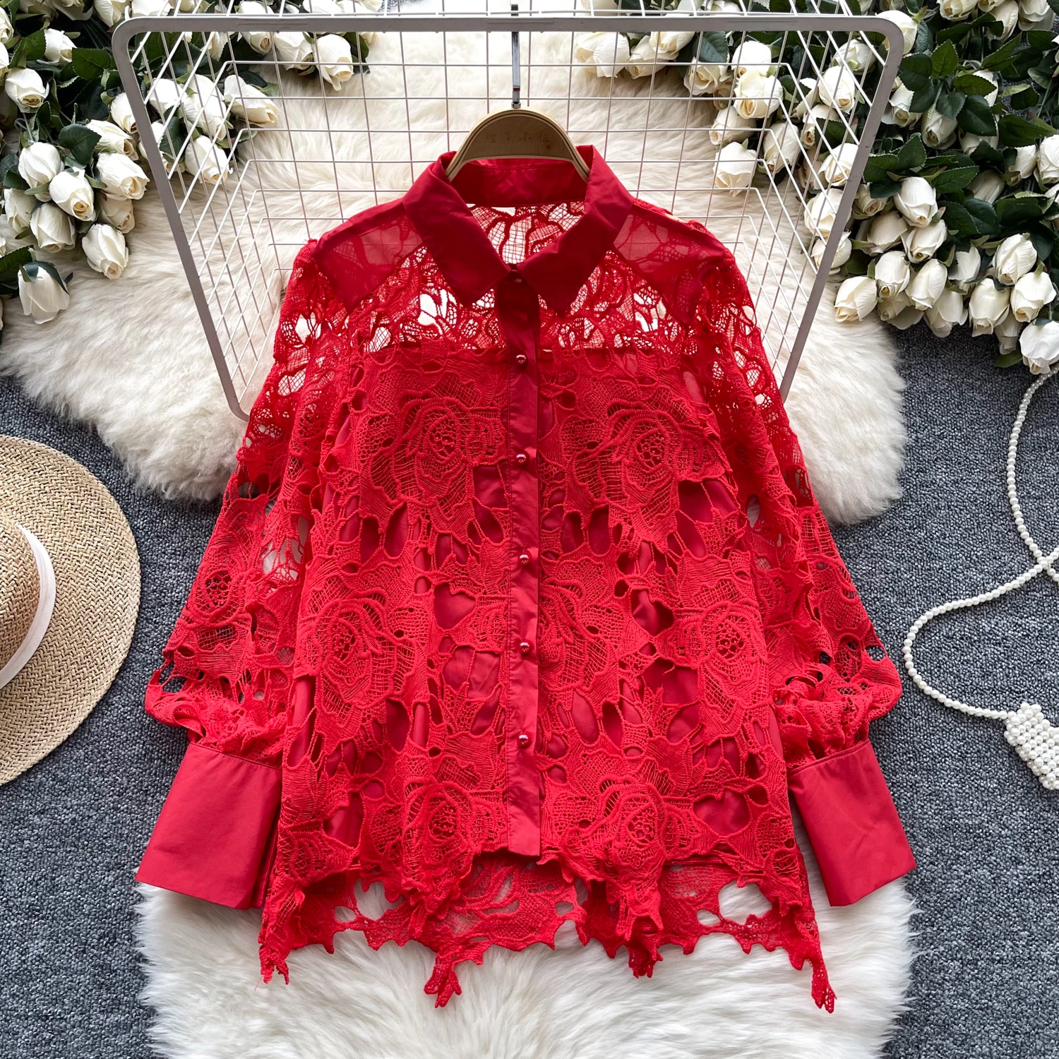 

Retro loose sweet cut out laceTurn-down Collar lool sleeve basics Blouse Slim Shirt Women summer Top