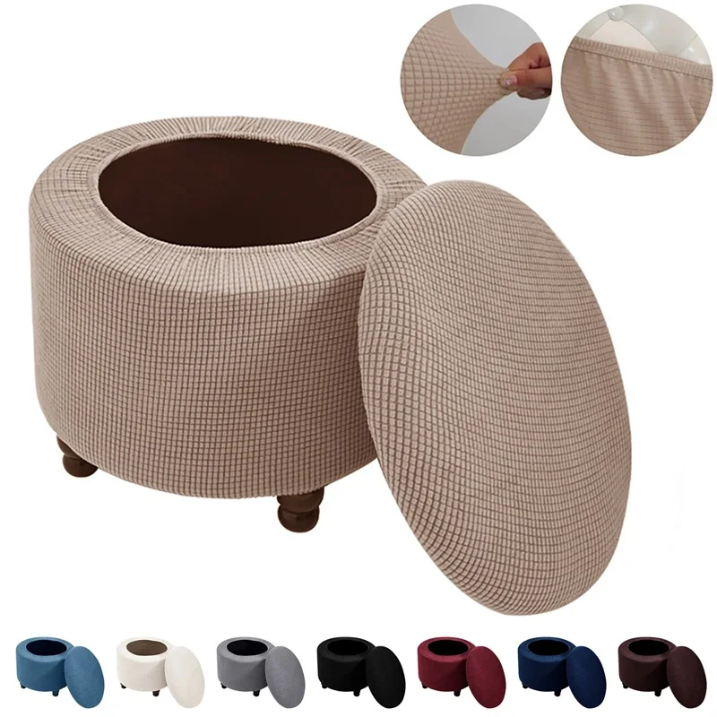 Round Ottoman Stool Cover Stretch Polar Fleece Footstool Covers For