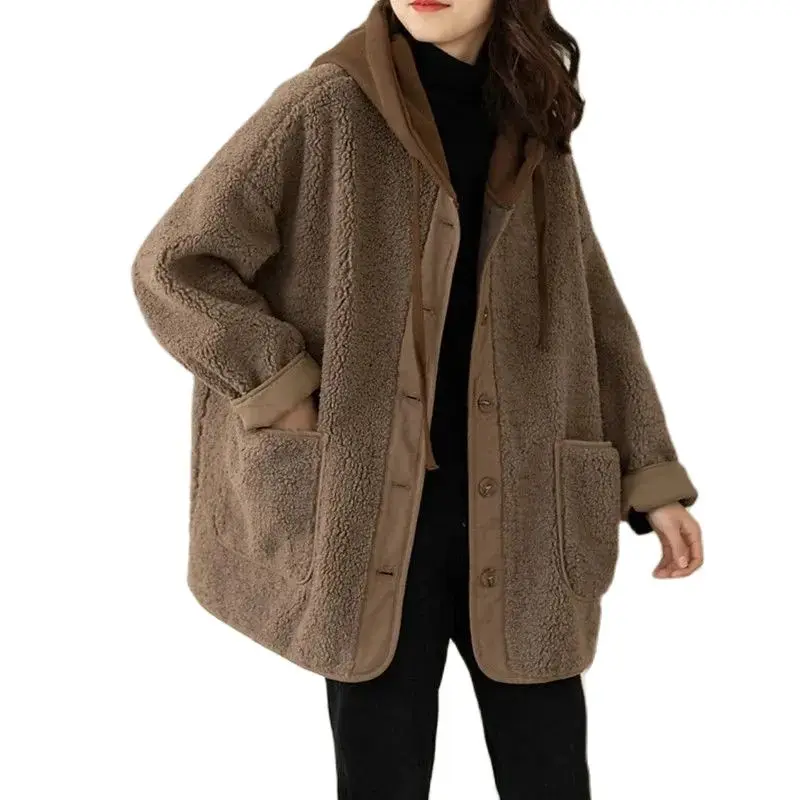 

Fashion Lamb Fleece Coat Female 2023 New Autumn Winter Jacket Spliced Fake Two Piece Hoodie Loose Hooded Women's Woolen Coat