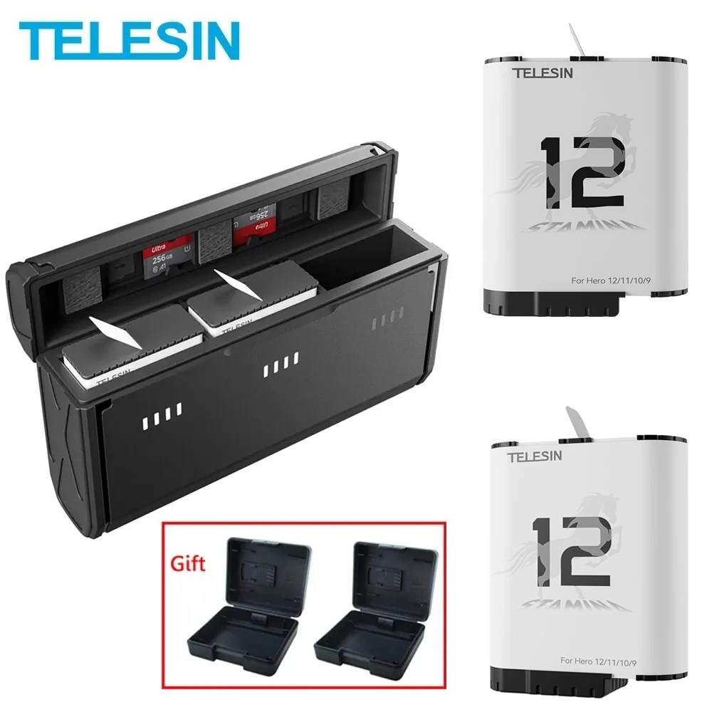 

TELESIN 1750mAh Endurence Battery GoPro Hero 12 11 10 9 Battery 3 Slots TF Card Battery Storage Charger Box For GoPro 9 10 11 12