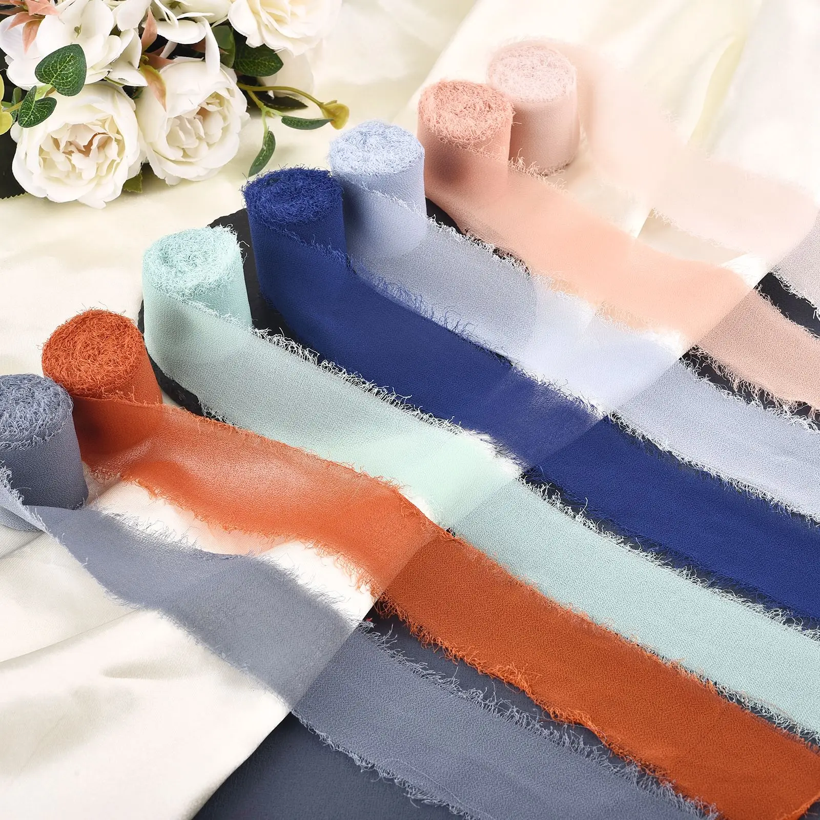 Chiffon Silk Ribbon 5Meter Handmade Frayed Edged Wrinkle Chiffon Silk Ribbon For Wedding Invitation Wrapping Decor Sheer Fringe Craft Bridal Bouquet