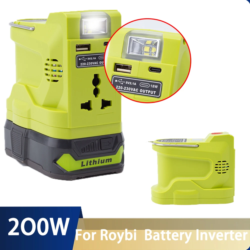 

200W Portable Inverter Power For Roybi 18V Li-ion Battery Sine Wave Power USB TYPE-C AC Charger Socket with 280LM LED Light