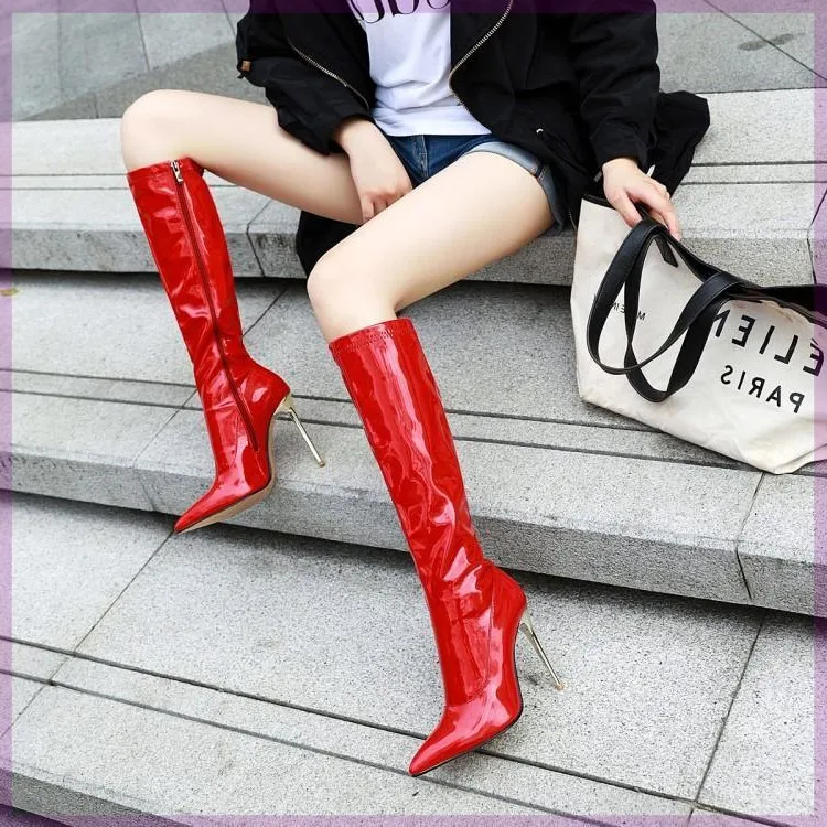 

Red Woman Booties Zipper Female Shoes Sexy Thigh High Heels High Sexy Boots-Women Winter Footwear Stiletto Ladies Over-the-Knee