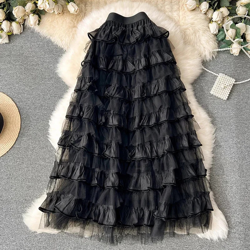 

Korean Sweet Pink Maxi Tiered Tutu Tulle Skirt for Women Autumn Winter Elegant A Line High Waist Mesh Long Skirt Female P438