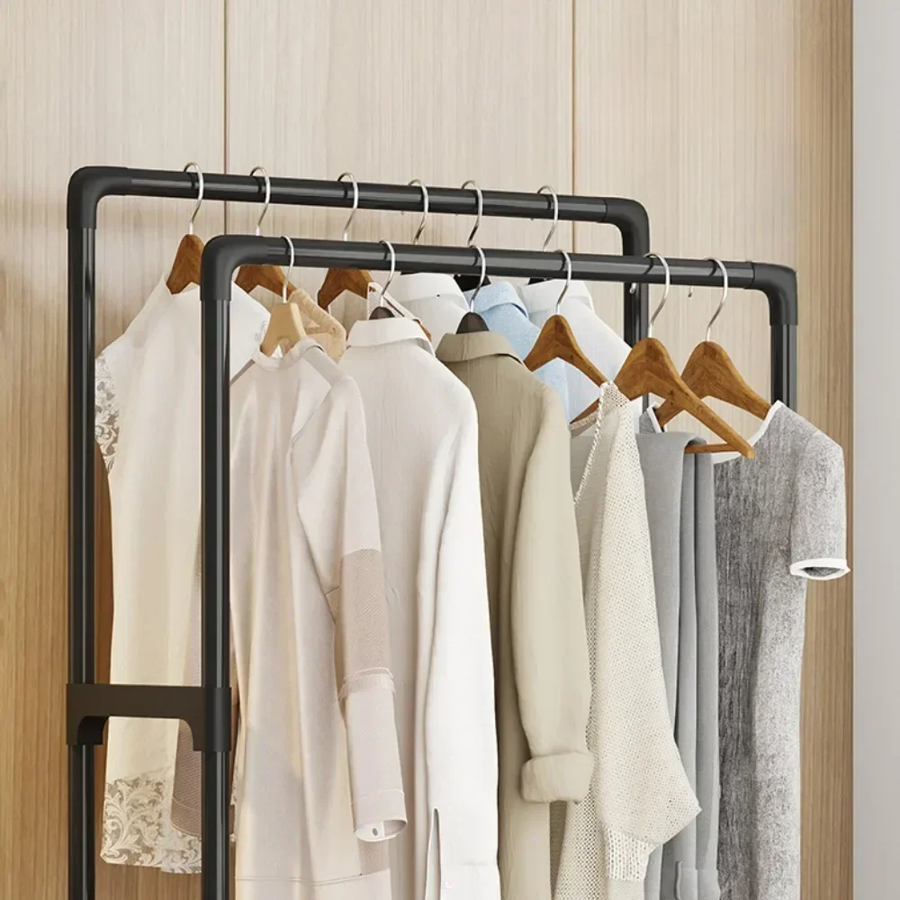 Clothes Rack Dual Pole Clothes Hanger Strong Load-bearing Capacity Wardrobe Movable Coat Rack Multi-storey Floor Standing Coat Rack