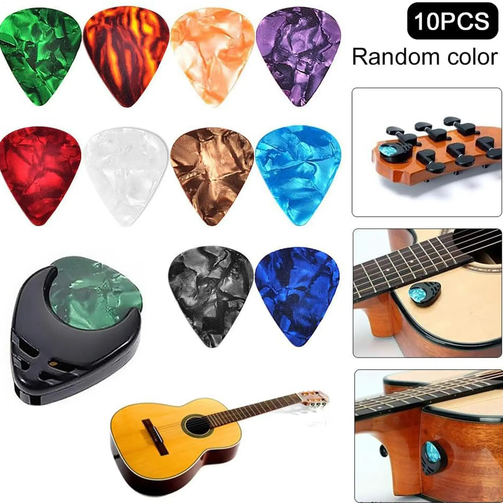 10Pcs Plectrums 1 픽업 클립 홀더 일렉트릭 기타 픽 내구성이 뛰어난 다채로운 무작위 색상 현악기용 일반 액세서리