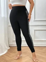 Women's Plus-size Elegant Solid Color Stretch Leggings Fashion Sequin Side Seam Slim Pants - Image 2