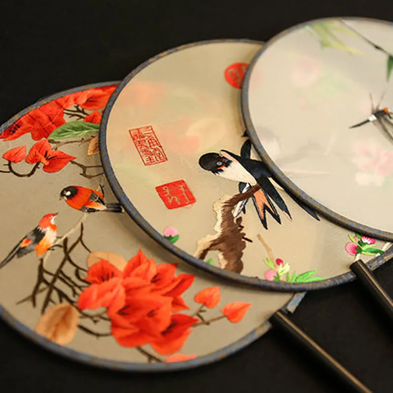 Chinese Style Double-Sided Embroidery Circular Fan, Round Embroidery Fan, Suzhou Flower Birds Pattern, Pure Hand Embroidered P