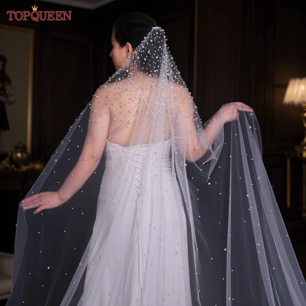 

TOPQUEEN V139 Luxury Cathedral 3/4/5M Long Wedding Veil With Pearls High End Beaded 1 Tier Pearl Veil Bridal Hair Accessories