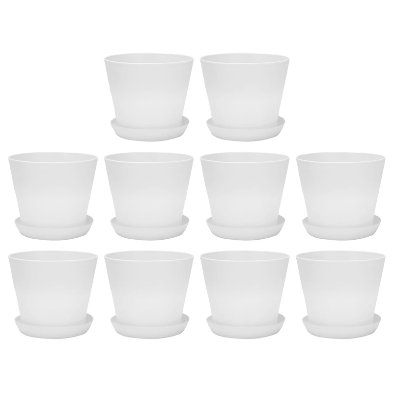 

New 10X Plastic Plant Flower Pot Planter With Saucer Tray Round Gloss Home Garden Decor, White Upper Caliber,17Cm / 6.69Inch