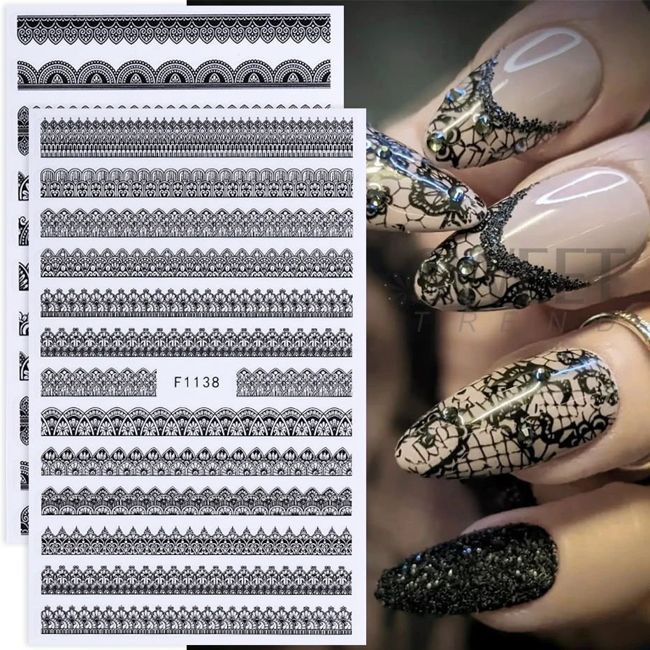 6pcs Black Lace Nail Sticker Elegant Fashion Geometric Lace Ribbon Petals Bohemian DIY Manicure Decals Sliders Nail Decoration