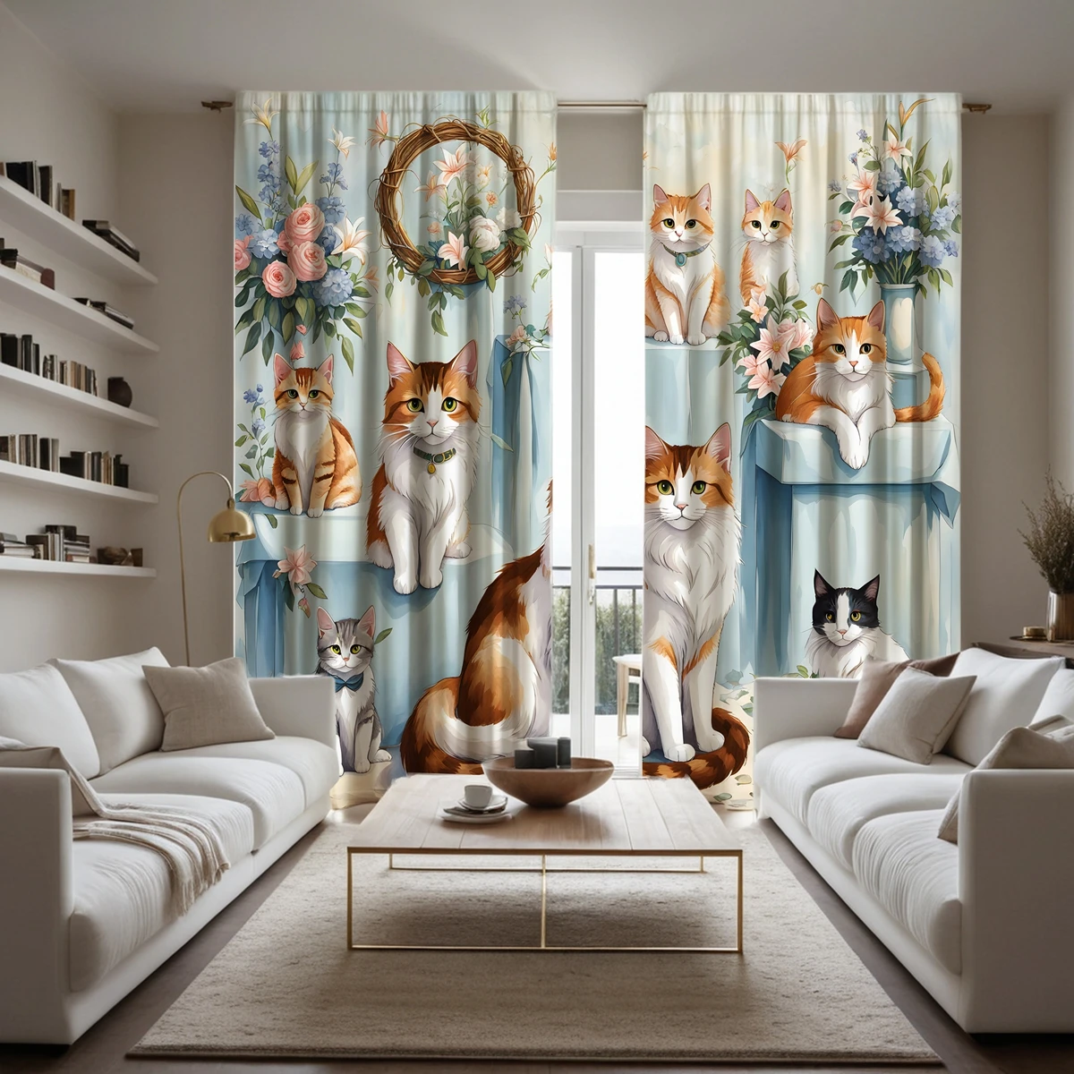 2pcs HD cute cat pet flowers decorative curtain Blue tie digital printed curtain Home Decoration style Decoration living room 3