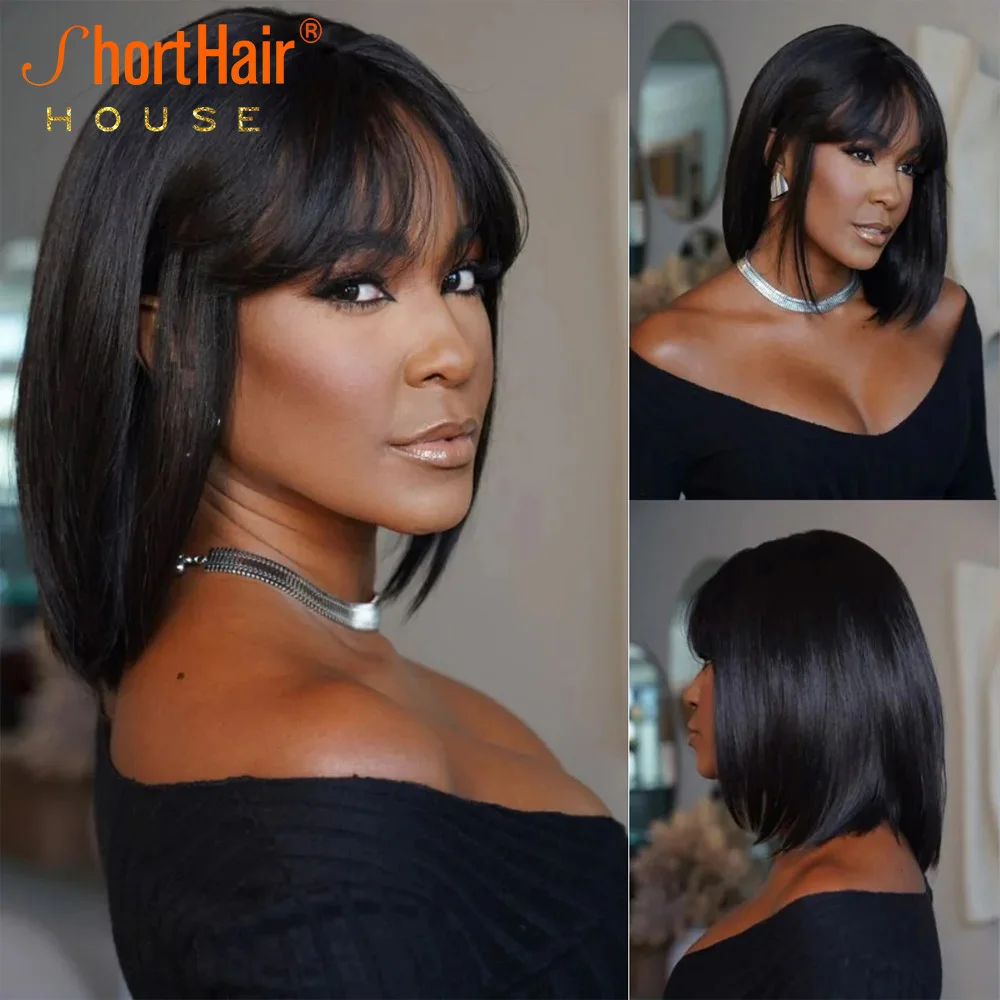 Short Face-Framing Layered Cut Straight Bob 250 Density 13x4 Lace Front Human Hair Wigs With Bangs 4x4 Closure Wig Brazilian Human Hair Wig Lace Front Wigs