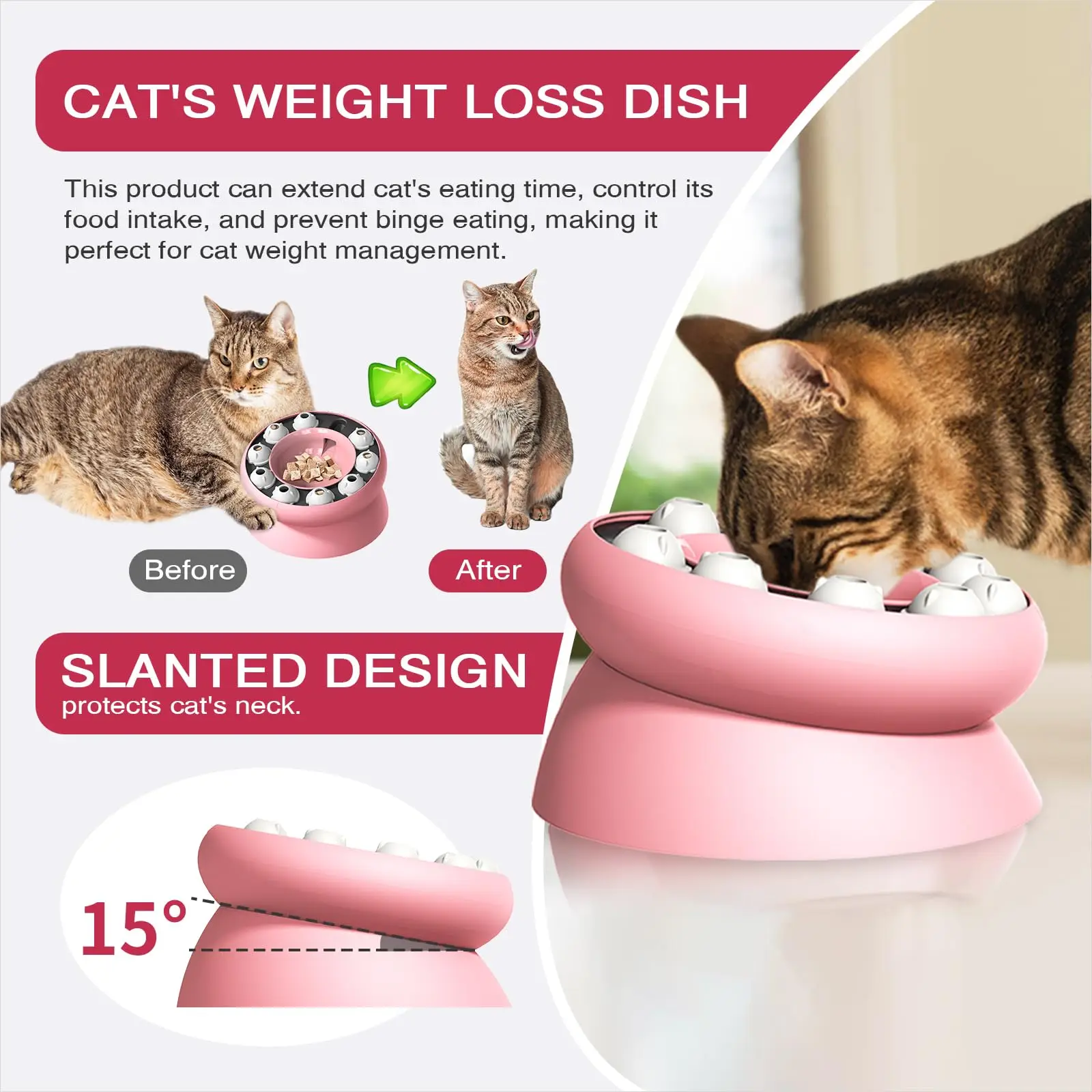

Cat Bowl Puzzle Toy, Pet Food Bowl, Leak Food, Keep Cat Stomach, Healthy Slanted Design, Protect Kitty Neck, Multifunctional