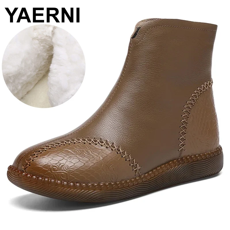 

Genuine leather boots women warm plush snow boots mom shoes soft soles non-slip shoes flat woman ankle boots