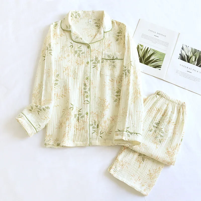 2024 New Spring and Autumn Women's Pajama Set 100% Cotton Crepe Printed Long Sleeve Pants Two Piece Home Suit Set Sleepwear