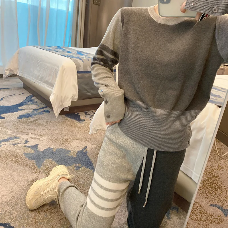 

High Quality Four Bar Tb Academy Style Autumn Winter Wool Contrast Round Neck Casual Versatile Knitwear Pullover Sweater Net Red