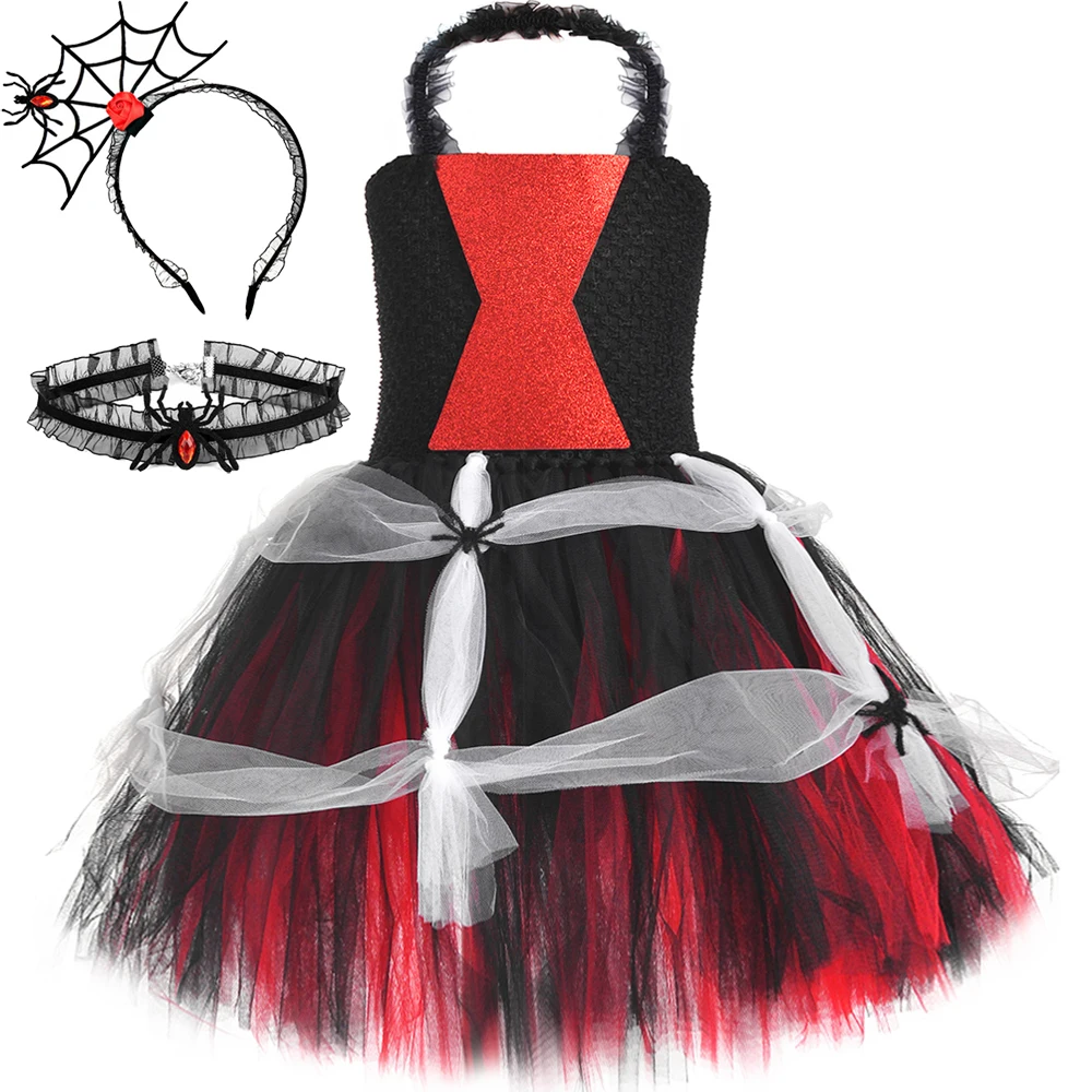 

Widow Spider Halloween Costumes for Girls Kids Witch Cosplay Tutu Dress with Bow Children Carnival Party Outfit Disguise Clothes