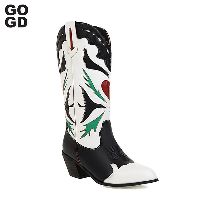 

GOGD Brand Fashion Sexy Pointed Toe Women Mid-Calf Boots New Embroidered Western Cowboy Boots Block Heel Pull-On Cowgirl Boots