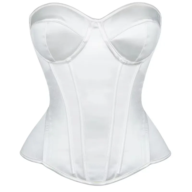 White Corset Women Overbust Bustiers With Bra Lace Up Boned Bodices Waist Girdle Tummy Control Tight Tops
