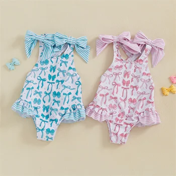 Cathery Kids Baby Girls Swimsuits Rompers Bowknot Print Ruffles Beachwear Sleeveless Cross Backless Summer Beach Bathing Suit