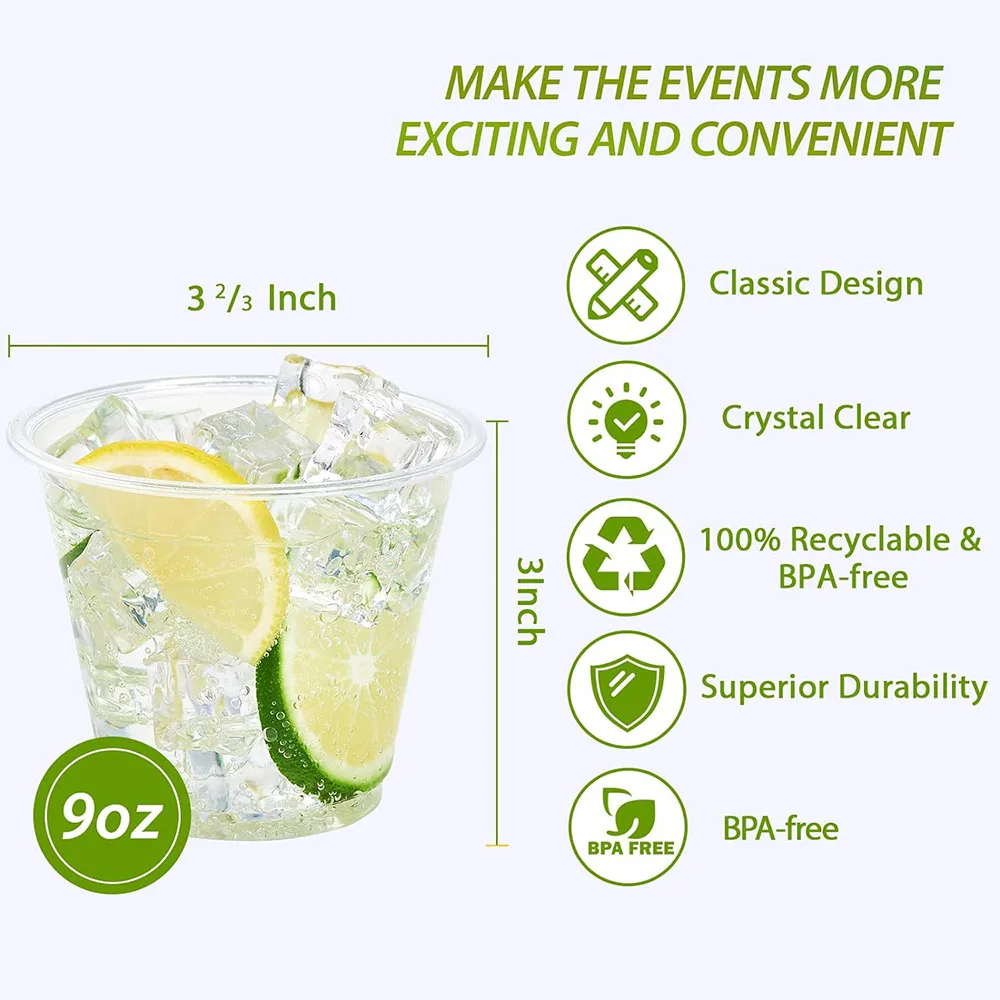 9 oz Clear Plastic Cups, Disposable Plastic Drinking Cups, Crystal Clear PET Cups for Parties, Wedding, Christmas Day