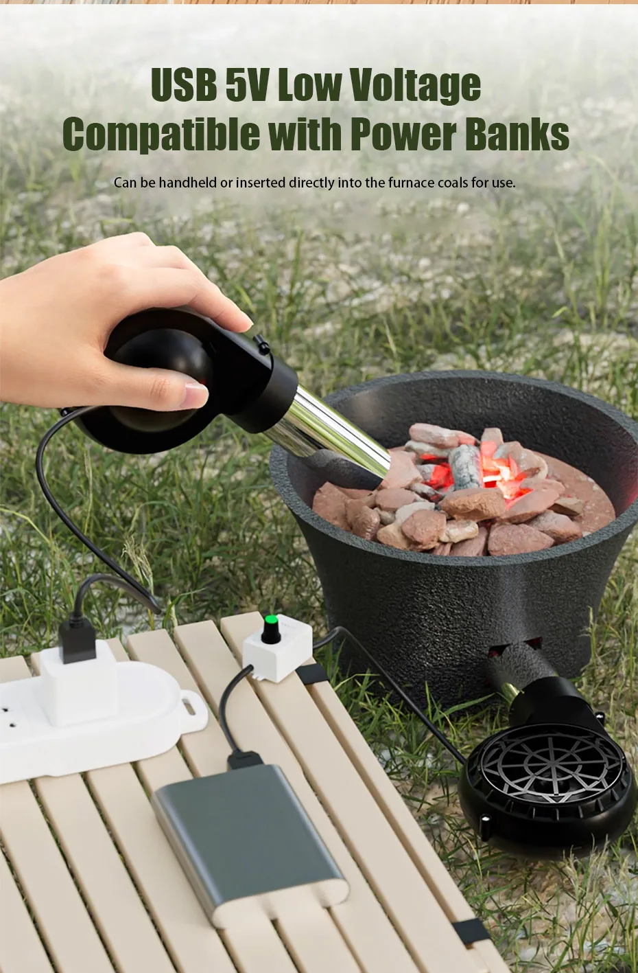 USB Stepless Speed BBQ Blower Mini Grilling Blower Portable Camping Fire Starter
