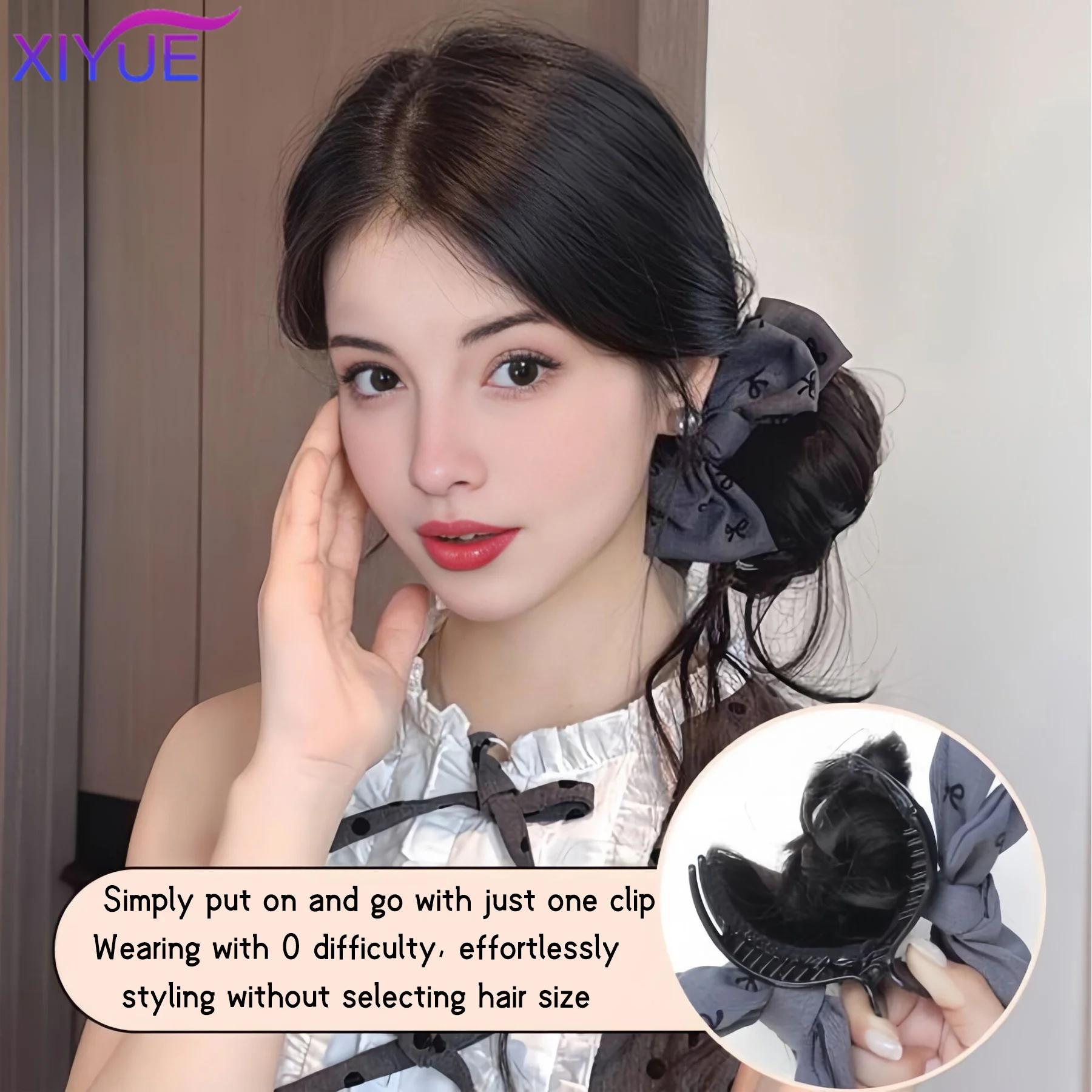 XIYUE 합성 가발 여성용 클로 클립 보우 드래곤 수염 롤빵 게으른 스타일 한국어 푹신한 롤빵 헤어 백