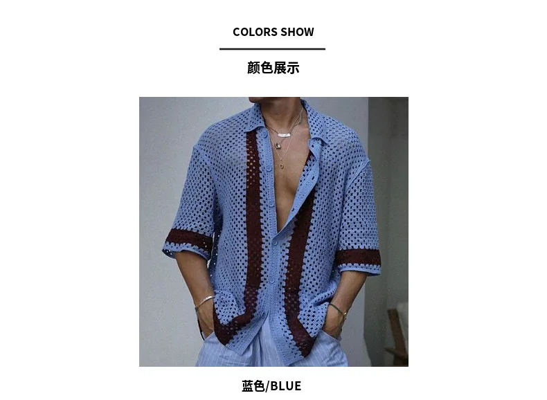 Description Picture 5 of item2024 Men's Hollow Out Knitwear Cardigan Summer Short Sleeve Contrast Color Lapel Tops Fashion Casual Streetwear Polo Shirt Male