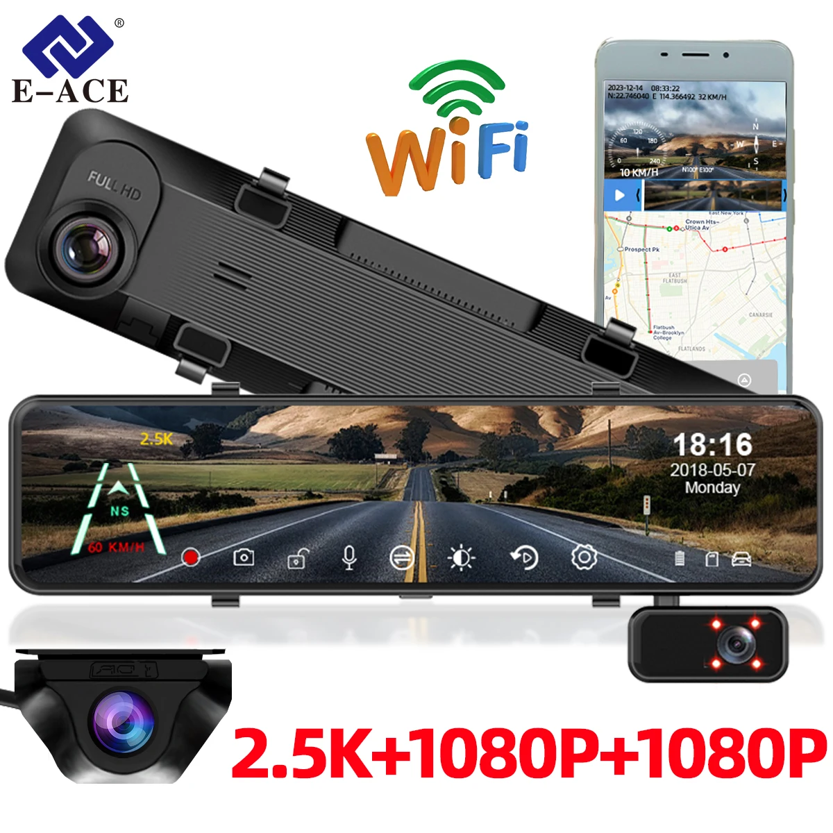 

E-ACE Car DVR 3 In 1 Cameras 12 Inches Rearview Mirror Video Recorder 3 1080P Camera Dashcam Night Vision GPS Black Box For Auto