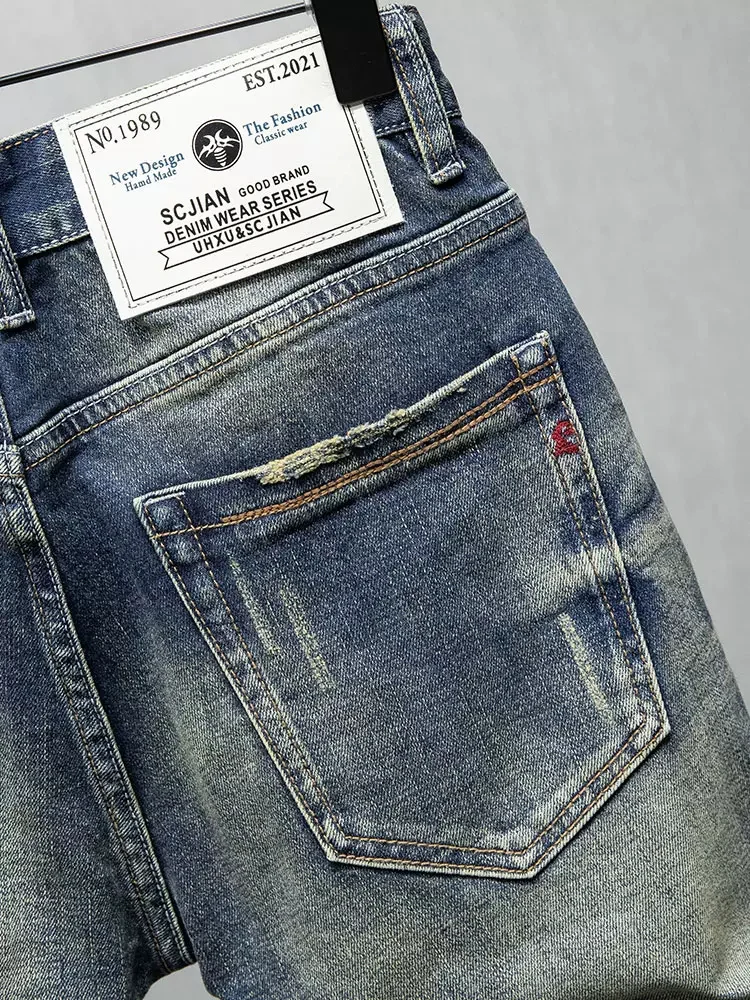 Summer Fashion Men Jeans Retro Blue Washed Elastic Slim Fit Ripped Short Jeans High Quality Vintage Designer Denim Shorts Men