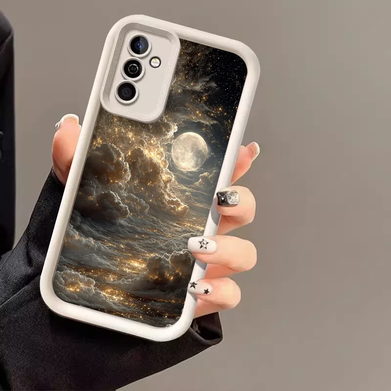 Golden Clouds and Starry Sky Artistic Phone Case - Whimsical Moonlight Landscape Design