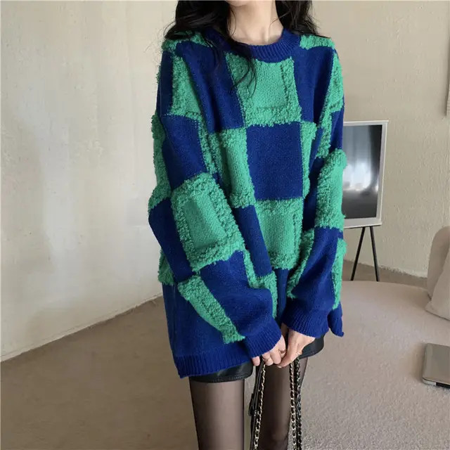 Women 2024 Plaid Chic Pullover Sweater Puff Sleeve Checkered Oversized Women's Sweaters Autumn Winter Sweater Tops Y2K Clothes 2