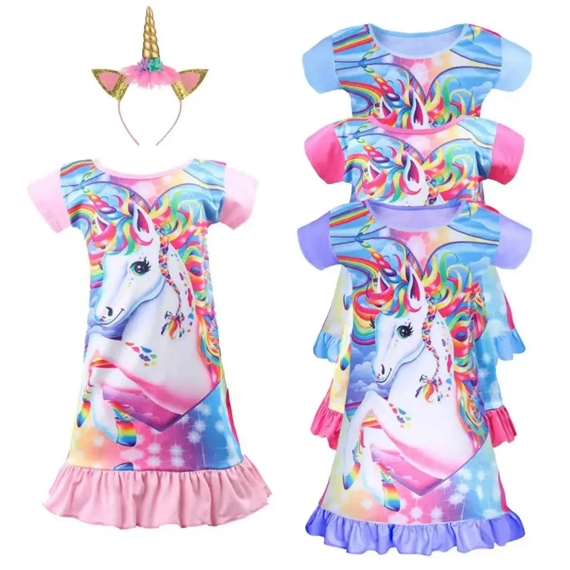 

Girls Unicorn Cosplay Costume Short Sleeve Nightdress Pyjamas Nightdress Dress Sleepwear Nightdress