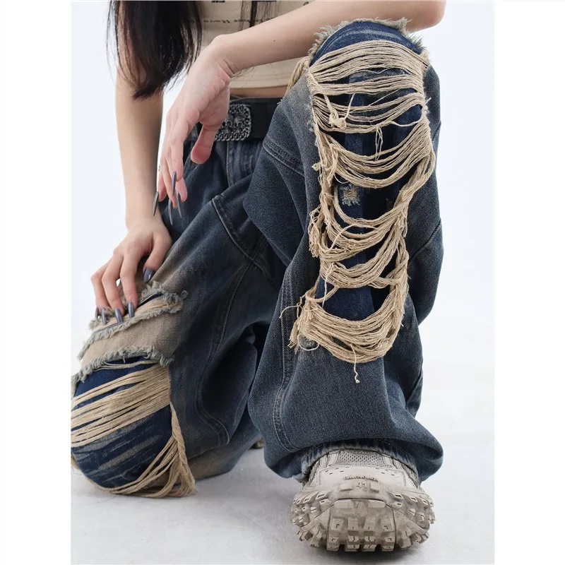 

Retro High Street Ripped Jeans for Women Autumn New Fashion Straight Denim Trousers Baggy Wide-leg Pants Y2k Streetwear Female