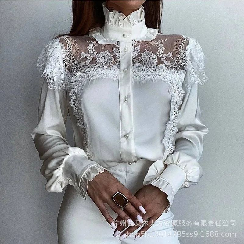 

Elegant Women Long Sleeve Single Breasted Solid Color Lace Blouses Tops Casual Turtleneck Shirts Office Lady Autumn Female