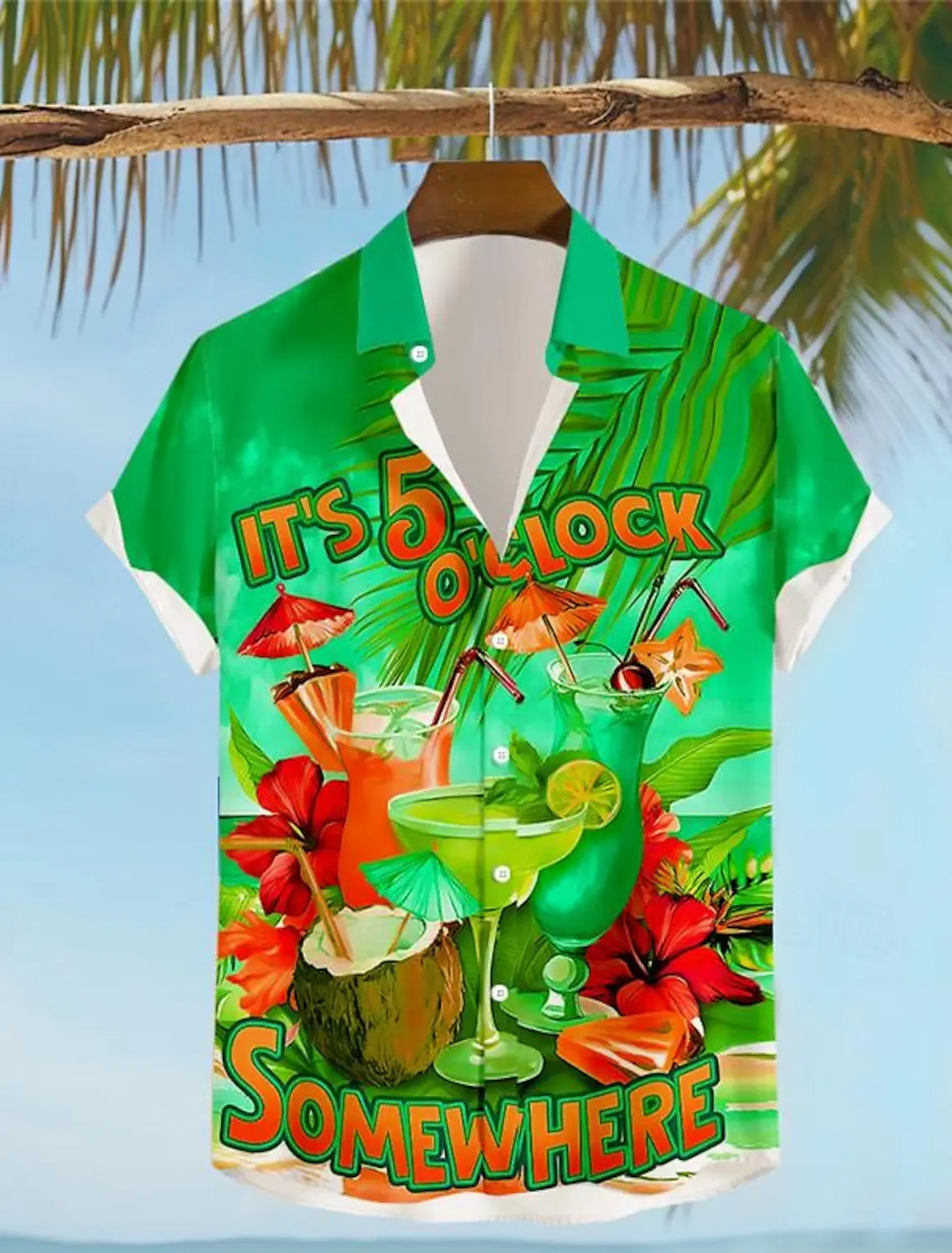 thumbnail image 1 of Son las 5 en punto en algún lugar Camisa hawaiana con estampado 3D de loro para hombre, camisa de playa de verano con botones y manga corta, ropa de vacaciones, 1 of 4