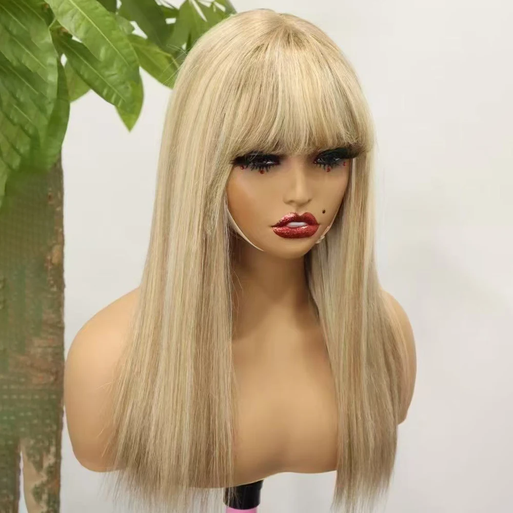 Honey Blonde Straight Human Hair Wigs With Bangs For Black Women 280% Density 3x1 Lace Full Machine Made Wig Remy Human Hair Wig