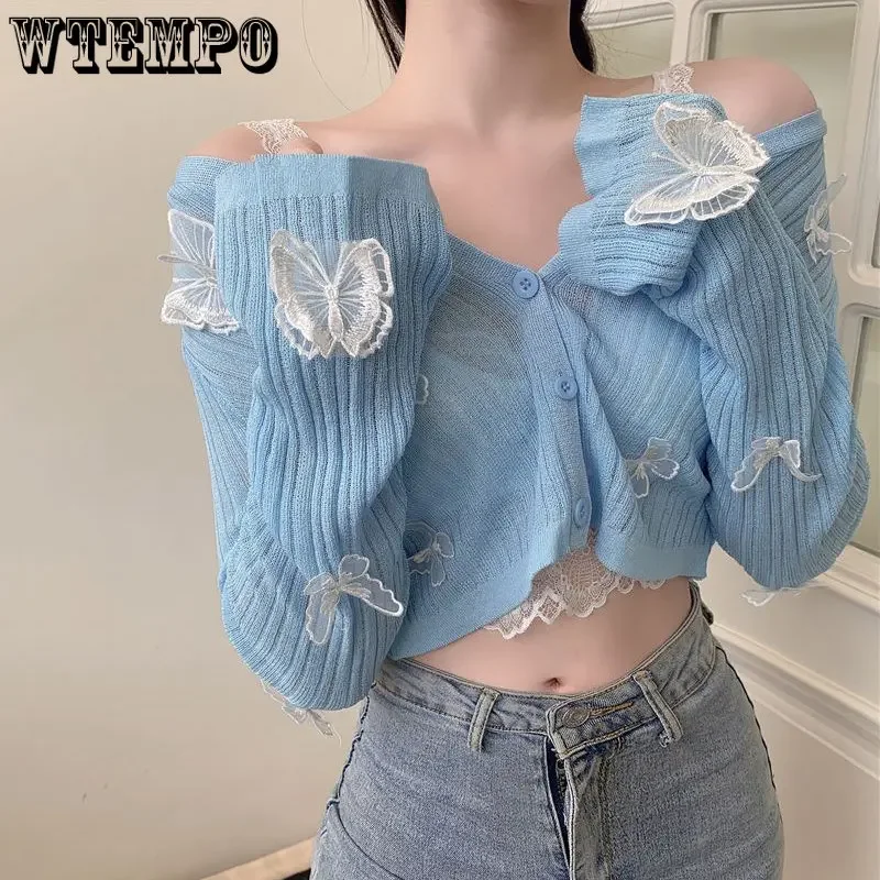 

WTEMPO Cute Butterfly Knitted Cardigans Women Korean Sexy V-Neck Short Button Sweater Summer Long Sleeve Sunscreen Cropped Tops